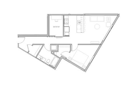 Floor plan for 1 bed, 1 bath, 831 sqft